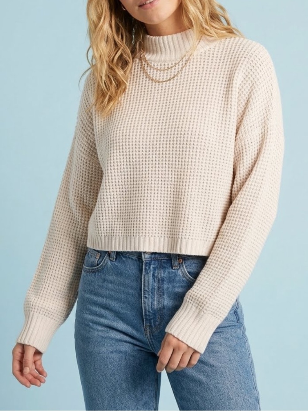 Hollister Cream Waffle-Knit Mock Neck Sweater, Small - wardrobe staple - basic